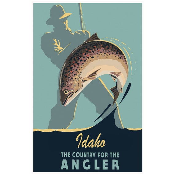 Vintage Inspired Idaho Fishing Travel Poster, Fly Fishing, Trout