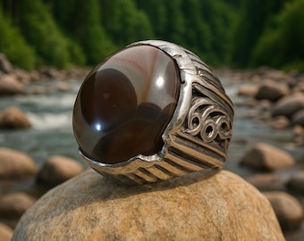 Natürlicher Aqeeq jemenitischer Achat-Ring: Menschlicher Kopf-Stein, Silber 925
