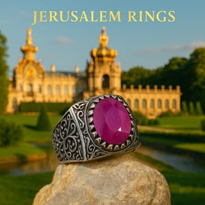 Peut inclure: Bague en argent ornée d'une pierre précieuse ovale magenta. La bague présente un motif gravé orné autour de la pierre et sur le corps. Le texte "JERUSALEM RINGS" est en haut de l'image. La bague est posée sur une pierre avec un arrière-plan flou.