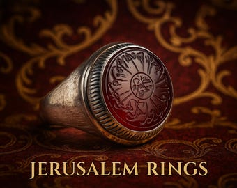 May include: A silver ring with a large, round, red stone featuring an engraved design. The ring is set against a burgundy background with gold floral patterns. The text "JERUSALEM RINGS" is at the bottom.