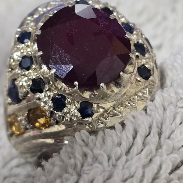 natural pure red ruby stone with blue sapphire stones and yellow natural yellow citrine stones ring