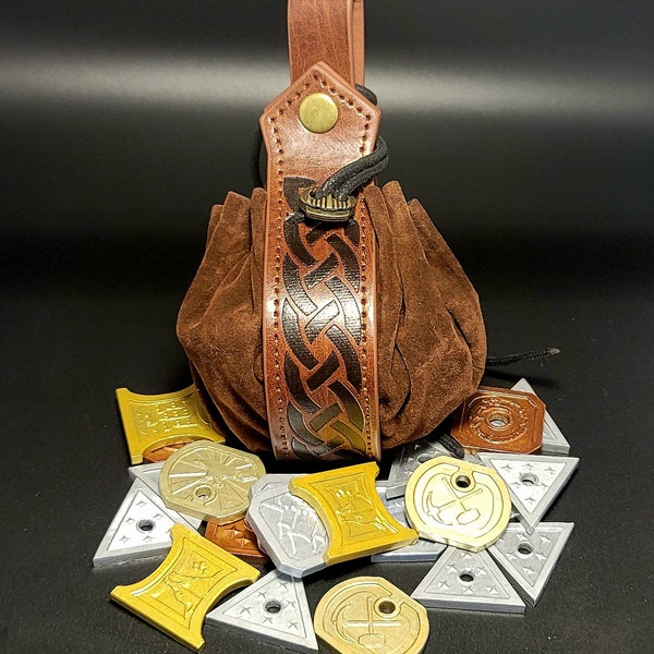 TTRPG, Cosplay, LARP Coin Pouch with 15 Plastic Coins - Copper, Silver, Electrum, Gold, & Platinum