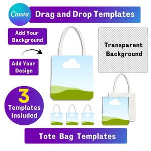 May include: Three tote bag templates with a blue sky, green hills, and a white cloud design. The templates have a transparent background and can be customized with your own design and background.
