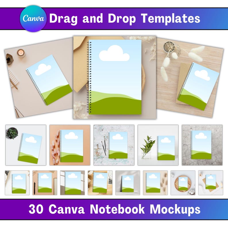 30 Canva notebook and journal mockups with drag and drop, fully editable book cover listing templates