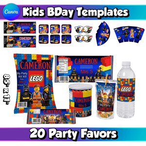Kids party favor building blocks birthday party set DIY editable template printable kit box wrappers labels themed party craft design set