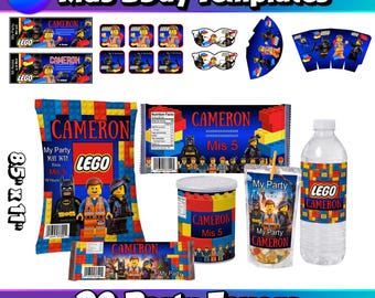 Kids party favor building blocks birthday party set DIY editable template printable kit box wrappers labels themed party craft design set