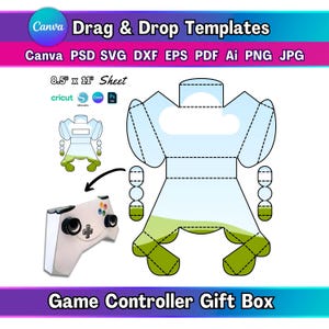 May include: A white game controller gift box template with a matching controller illustration. The design includes dashed lines for folding and cutting, and the text "Game Controller Gift Box". The template is 21.6 cm x 27.9 cm and compatible with Canva, Cricut, and other design software.
