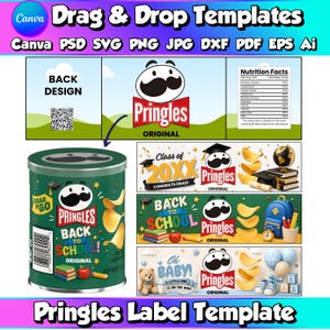 Puede incluir: Un conjunto de plantillas digitales para etiquetas de Pringles con varios diseños, incluyendo temas de regreso a clases, graduación y baby shower. Las plantillas incluyen el logotipo de Pringles, información nutricional y gráficos variados.