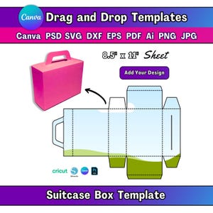 Puede incluir: Una plantilla de caja de maleta rosa con asa, junto a un diseño plano de la caja. El texto dice "Drag and Drop Templates" y "21.6 cm x 27.9 cm Sheet". Incluye tipos de archivo: Canva, PSD, SVG, DXF, EPS, PDF, Ai, PNG, JPG.