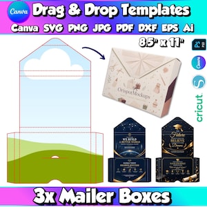 Puede incluir: Una plantilla digital para cajas de envío de 21,6 cm por 27,9 cm que incluye un diseño plano con nubes y césped, un ejemplo de caja plegada con superficie estampada y dos diseños de cajas azul oscuro con temática de graduación y texto dorado.