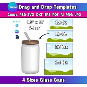 Plantilla para envolver latas de vidrio Libbey en 4 tamaños: 12 oz, 16 oz, 20 oz, 24 oz, 4 tamaños, SVG, Canva (descarga digital)