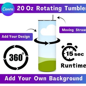 Pode incluir: Um copo giratório de 20 onças com um design azul e verde. O copo gira 360 graus em 15 segundos. Adicione seu próprio design e fundo para personalizá-lo.