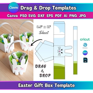 Puede incluir: Plantillas de cajas de regalo de Pascua blancas con orejas y patas de conejito, rellenas de hierba de papel verde y conejitos de chocolate. La imagen también muestra una plantilla plana y desplegada con un diseño de cara de conejito.