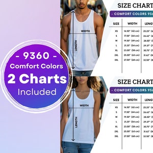 Komfortfarben 9360 Größentabelle Komfortfarben Herren- und Damen-Größentabelle Tank Top Größentabelle Unisex Größentabelle Mockup 9360 Größentabelle Mockups