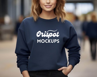 Navy Sweatshirt Mockup, Gildan 18000 Mockup, Female Sweatshirt Mockup, Navy Oversized Mockup, Navy Crewneck Mockup, Female Model Mockup.