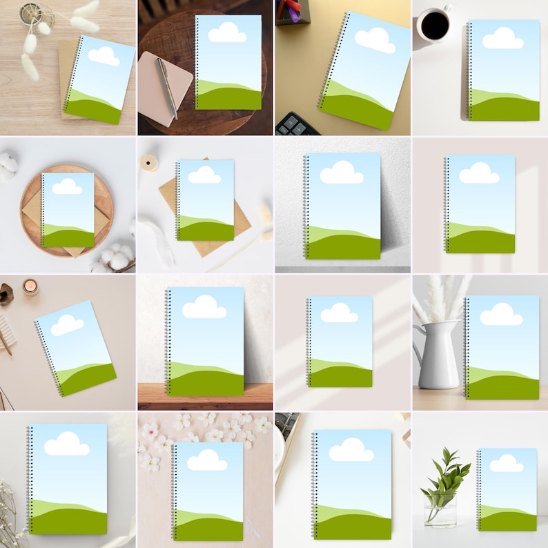 30 Canva notebook and journal mockups with drag and drop, fully editable book cover listing templates