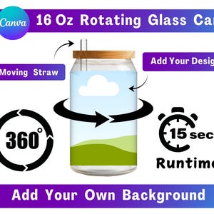 Könnte beinhalten: Eine rotierende Glasdose mit 473 ml Fassungsvermögen, Bambusdeckel und Strohhalm. Die Dose dreht sich um 360 Grad und hat eine Laufzeit von 15 Sekunden. Fügen Sie Ihr eigenes Design und Ihren eigenen Hintergrund hinzu.