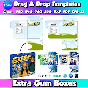 May include: Digital templates for custom gum boxes featuring Extra branding, birthday nutrition facts, and graduation themes. Includes flat layouts and a 3D box mockup with blue and green graphics, compatible with Canva, PSD, SVG, PNG, JPG, DXF, PDF, and EPS formats on 8.5 inch by 11 inch sheets.