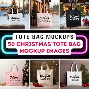 Christmas Tote Bag Mockup Bundle Bag Mockup Printify Mockup Bundle Cotton Tote Bag Mockup Black White Cream and Pink High-Resolution Images.