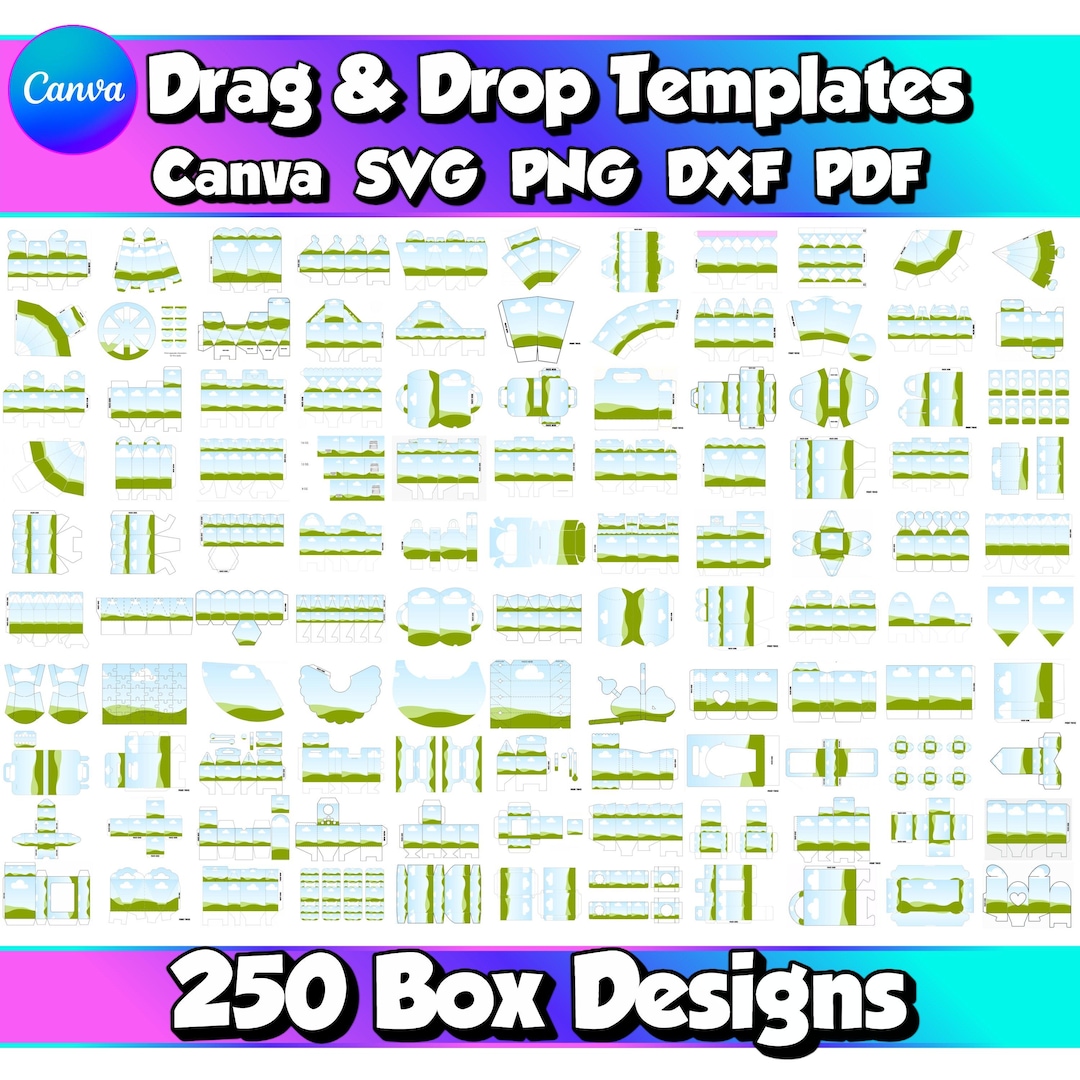 250x Box Template SVG Bundle Cricut Canva Favor Gift Box Laser Cut Paper Bag Box Dieline S