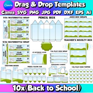 May include: A digital collection of drag and drop templates for school supplies, including water bottle wraps, pencil boxes, juice box wraps, notebook covers, play-doh wraps, crayon boxes, favour tags, and camera labels with a green landscape design.