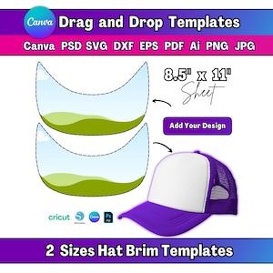 Puede incluir: Una plantilla de gorra de camionero morada y blanca con un panel frontal blanco y una visera y parte trasera de malla moradas. La imagen incluye dos plantillas de ala de sombrero y el texto "Drag and Drop Templates" y "Add Your Design". El tamaño de la hoja es de 21,6 cm x 27,9 cm.