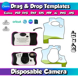 May include: A graphic design template featuring two disposable cameras with black and white designs and pink accents. The text includes "Canva Drag & Drop Templates" and "Disposable Camera". The template is 8.5" x 11".