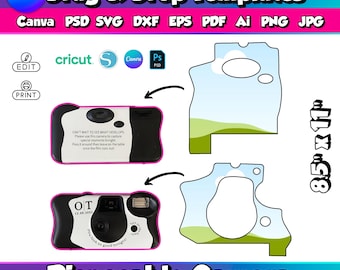 Modelo de capa descartável para câmera, modelo personalizado para câmera de casamento, adesivo retrô para câmera para imprimir, capa para câmera, etiqueta para câmera, capa faça você mesmo em SVG.