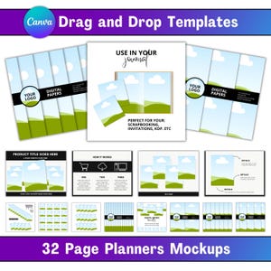 Puede incluir: Una colección de plantillas de papel digital y maquetas de planificadores. La imagen presenta varios diseños con texto como "Digital Papers", "Use in your journal" y "Perfect for your: Scrapbooking, Invitations, KDP. etc". La combinación de colores incluye azul, verde y blanco.