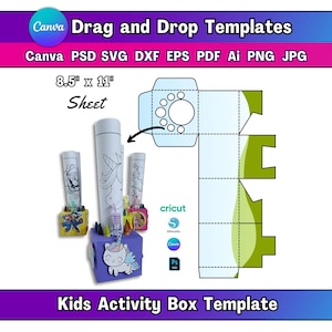 May include: A template for a kids' activity box, featuring a box design, coloring roll-up containers, and a purple box with a unicorn graphic. The image includes the text "Canva Drag and Drop Templates" and "Kids Activity Box Template". The sheet size is 8.5" x 11".