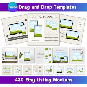 Könnte beinhalten: Werbebild mit Vorlagen für digitale Planer für Etsy-Listings. Das Bild zeigt Mockups von Laptops, Tablets und Smartphones mit grünen Landschaftsgrafiken. Der Text enthält "Canva Drag and Drop Templates" und "430 Etsy Listing Mockups."