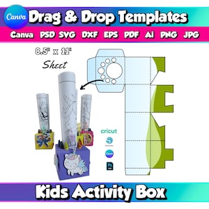 Activity Box Template Canva Kids DIY Coloring Crayon Box Digital File Blank Party Favor Box Template Cricut Box SVG Birthday Kids Activities