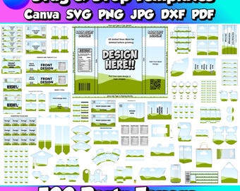 May include: A collection of party favor templates with the text "Canva Drag & Drop Templates" and "500 Party Favors." The templates include designs for Hershey bars, gift bags, and other party items. The color scheme is green, blue, and white.