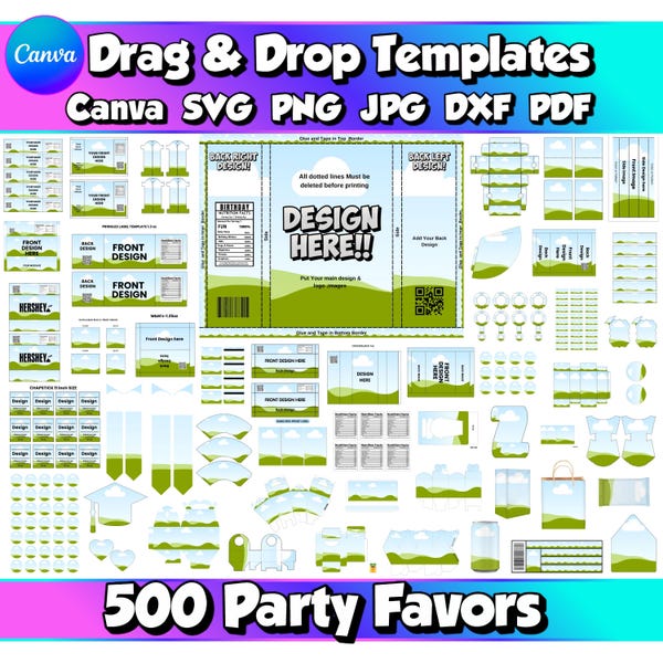 Party Favor Template Bundle Printable Kids Favors Caprisun Label Chip Bag Candy Bar Wrap Rice Krispies Wrapper Gable Box Suitcase Box DIY