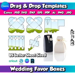 May include: A collection of wedding favor box templates in various shapes, including a tuxedo-shaped box and a round box with a ribbon. The image includes the text "Drag & Drop Templates" and "Wedding Favor Boxes". The templates are US Letter sheet sized, 8.5" x 11".