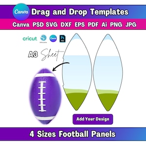 May include: A purple football with white stripes and stitching is displayed next to two football panel templates. The image includes the text "Canva Drag and Drop Templates" and "4 Sizes Football Panels."