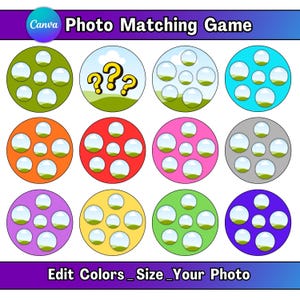 May include: A colorful graphic for a photo matching game. The design features twelve circular elements in various colors, each containing bubbles and a landscape scene. The top banner reads "Photo Matching Game" and the bottom banner reads "Edit Colors_Size_Your Photo".