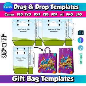Könnte beinhalten: Grafik mit Geschenkbeutelvorlagen mit dem Text "Drag & Drop Templates" und "Gift Bag Templates". Die Vorlagen umfassen eine kleine Box, eine hohe Box und zwei Geschenktüten mit dem Logo "Orispot Mockups". Die Abmessungen sind 21,59 cm x 27,94 cm.