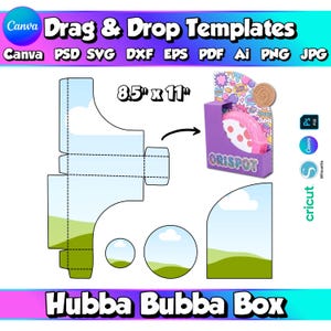 Pode incluir: Um modelo digital para uma caixa Hubba Bubba medindo 21,59 cm por 27,94 cm. O design inclui formas recortadas planas com um padrão de céu azul e paisagem verde, juntamente com um exemplo renderizado em 3D da caixa roxa montada.