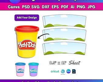 May include: A yellow Play-Doh container with a red lid, and two smaller containers in pink and teal. The image also includes a template design, the text "Drag and Drop Templates", and the text "8.5" x 11" Sheet".