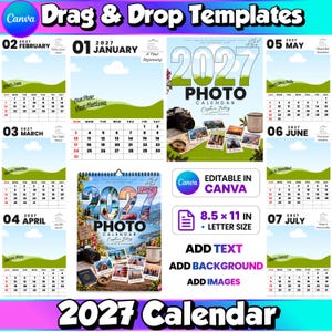 Puede incluir: Un conjunto de plantillas de calendario fotográfico digital 2027 para Canva, con diseños editables para cada mes, gráficos de colinas verdes y cielo azul. Incluye páginas de tamaño carta de 8,5 x 11 pulgadas, marcadores de posición y texto.