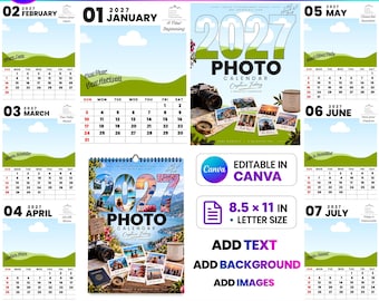 Può includere: Un set di modelli di calendario fotografico digitale 2027 per Canva, con layout modificabili per ogni mese, grafiche di colline verdi e cielo azzurro. Include pagine in formato lettera 8,5 x 11 pollici, segnaposto per foto e campi di testo.