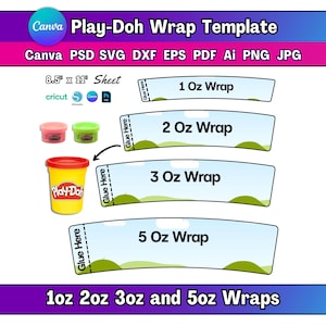 Op de afbeelding: Een Play-Doh wrap-sjabloon met de tekst "Play-Doh Wrap Template" en "1oz 2oz 3oz and 5oz Wraps". Het ontwerp bevat wraps voor 1, 2, 3 en 5 oz containers, met een landschapsontwerp. De afmeting van het vel is 21,6 cm x 27,9 cm.