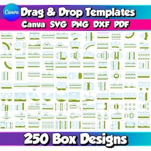 Op de afbeelding: Een afbeelding met 250 doosontwerpen in een lichtblauw en groen kleurenschema. De tekst bovenaan luidt "Drag & Drop Templates" en "Canva SVG PNG DXF PDF". De tekst onderaan zegt "250 Box Designs".