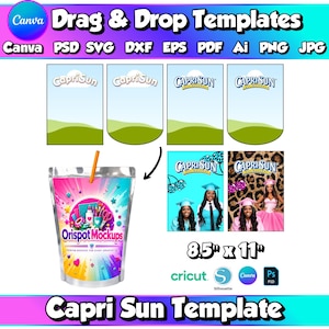 Pode incluir: Um conjunto de modelos digitais de arrastar e soltar para bolsas Capri Sun, medindo 21,59 cm por 27,94 cm. Inclui formatos Canva, PSD, SVG, DXF, EPS, PDF, Ai, PNG e JPG. Apresenta contornos de bolsas em branco e exemplos com texto.