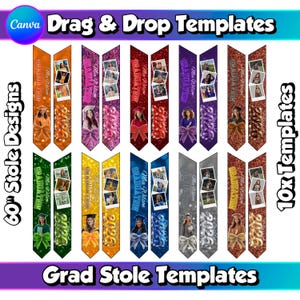 May include: A collection of graduation stole templates in various colors, including orange, pink, red, purple, green, yellow, blue, and silver. Each stole features a photo, the name "Mia Wilson", and the year "2026". The text "Graduation" is also visible.