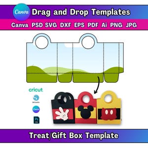 Puede incluir: Una plantilla digital para una caja de regalo o golosinas. El diseño incluye un contorno de caja plano y desplegado con un fondo de paisaje. Debajo hay tres cajas ensambladas en negro, rojo y amarillo, cada una con un diseño de personaje de dibujos animados. Incluye el texto "Canva Drag and Drop Templates".