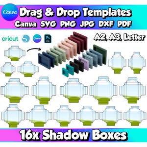 May include: Digital drag and drop templates for 16 shadow boxes in A2, A3, and Letter sizes. Includes Canva, SVG, PNG, JPG, DXF, and PDF file formats. Features a collection of colorful rectangular frames and flat box outlines with a landscape graphic.