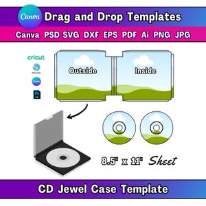 Puede incluir: Una plantilla digital para una caja de CD, con un diseño con las palabras "Outside" e "Inside" en la caja. La imagen incluye un CD, una caja de CD y el texto "8.5" x 11" Sheet". La imagen también incluye el texto "Canva Drag and Drop Templates".