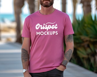 Bella Canvas 3001 Mockup Pink Men, Bella Canvas Pink Mockup, Bella Canvas Youth Mockup Pink, T-shirt Mockup, Summer Shirt Mockup, Pink